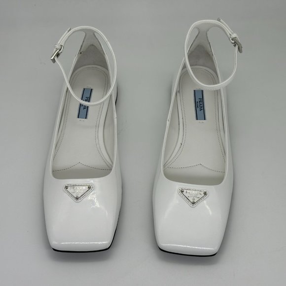 PRADA Logo Patent Leather Square Toe Ankle Strap Flat Ballerina Flat Sho… - Picture 12 of 16